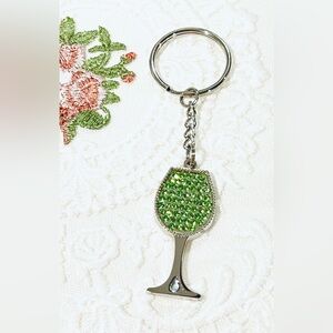 Green Rhinestone Wine Glass Keychain -